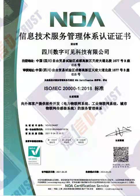 热烈祝贺四川数字可见科技有限公司顺利取得ISO20000信息技术认证证书