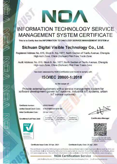 热烈祝贺四川数字可见科技有限公司顺利取得ISO20000信息技术认证证书