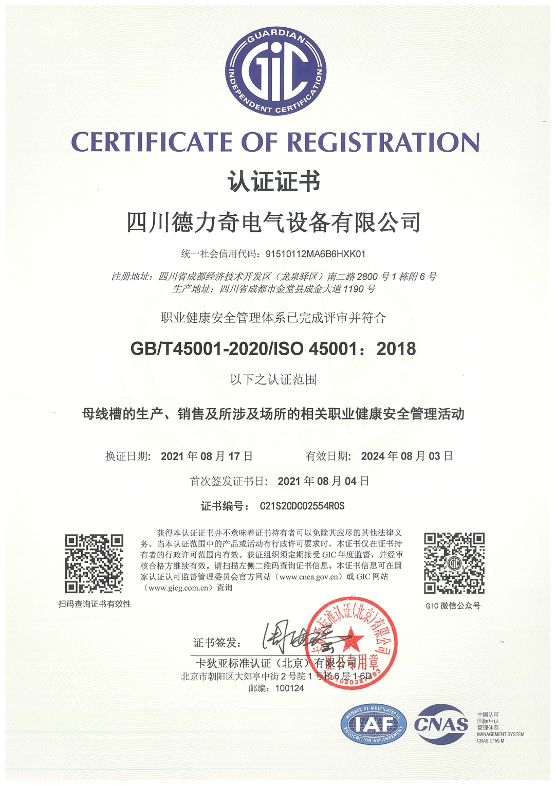 恭喜四川德力奇电气设备有限公司顺利通过ISO45001质量体系认证证书 恭喜四川德力奇电气设备有限公司顺利通过ISO45001质量体系认证证书